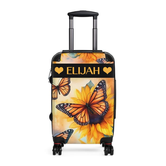 Custom Butterfly Sunflower Suitcase - A personalized luggage adorned with a unique butterfly and sunflower design, perfect for travelers who want to add a touch of nature and vibrancy to their journeys.