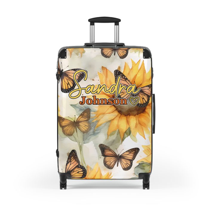 Custom Butterfly Sunflower Suitcase - A personalized luggage adorned with a unique butterfly and sunflower design, perfect for travelers who want to add a touch of nature and vibrancy to their journeys.