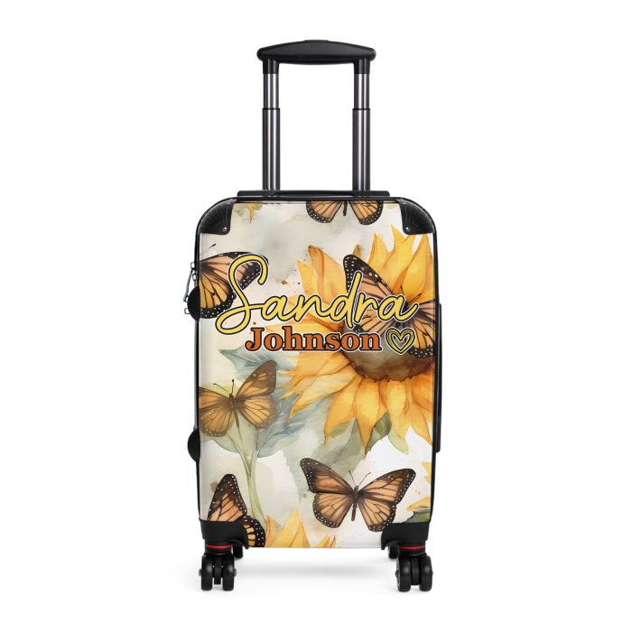 Custom Butterfly Sunflower Suitcase - A personalized luggage adorned with a unique butterfly and sunflower design, perfect for travelers who want to add a touch of nature and vibrancy to their journeys.