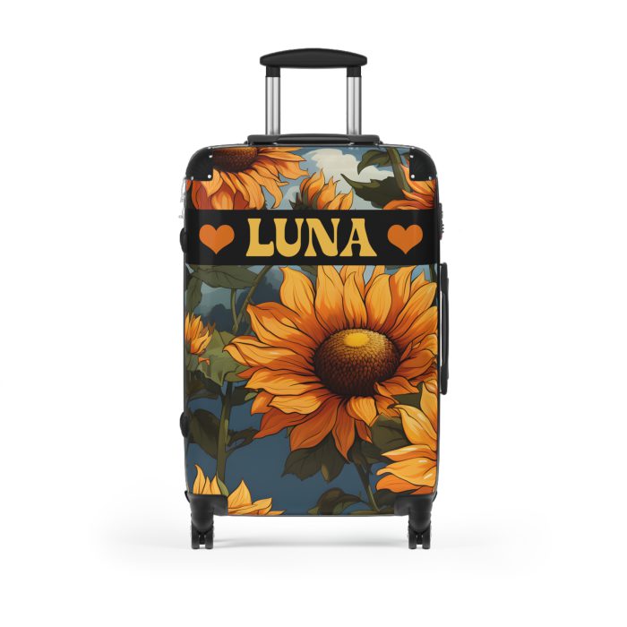 Custom Sunflower Suitcase - A personalized luggage adorned with a bright sunflower design, perfect for travelers who want to bring a touch of cheer and floral beauty to their journeys.