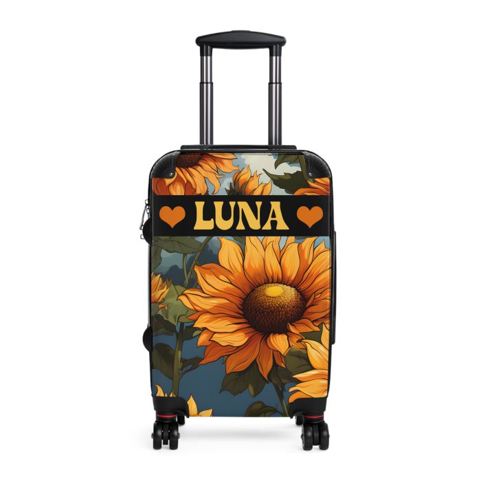 Custom Sunflower Suitcase - A personalized luggage adorned with a bright sunflower design, perfect for travelers who want to bring a touch of cheer and floral beauty to their journeys.