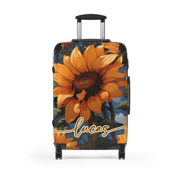 Custom Sunflower Suitcase - A personalized luggage adorned with a bright sunflower design, perfect for travelers who want to bring a touch of cheer and floral beauty to their journeys.