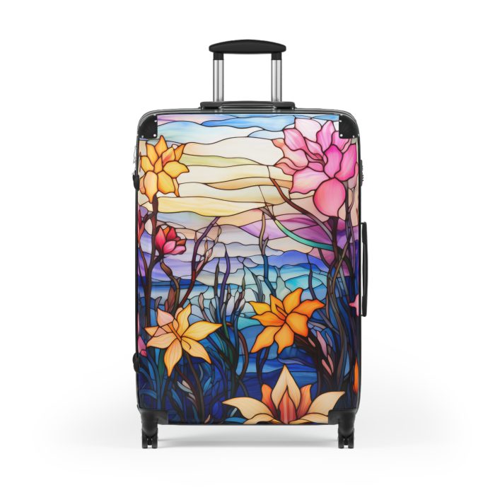 Stained Glass Flower Suitcase - A travel masterpiece adorned with vibrant, stained glass-inspired floral patterns for an artistic touch.