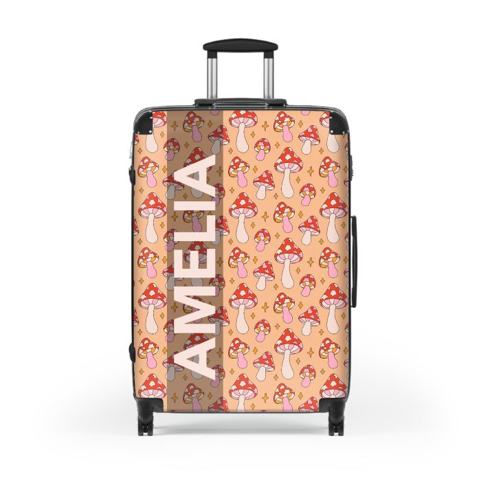 Custom Retro Mushroom suitcase, a durable and stylish travel companion. Crafted with custom names and retro mushroom designs, it's perfect for enthusiasts on the go.