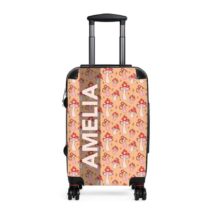 Custom Retro Mushroom suitcase, a durable and stylish travel companion. Crafted with custom names and retro mushroom designs, it's perfect for enthusiasts on the go.