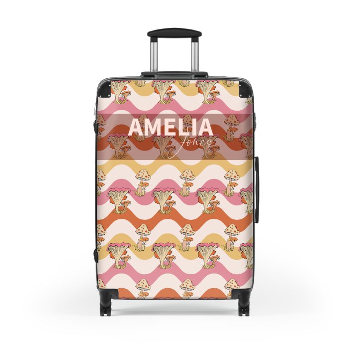 Custom Retro Mushroom suitcase, a durable and stylish travel companion. Crafted with custom names and retro mushroom designs, it's perfect for enthusiasts on the go.