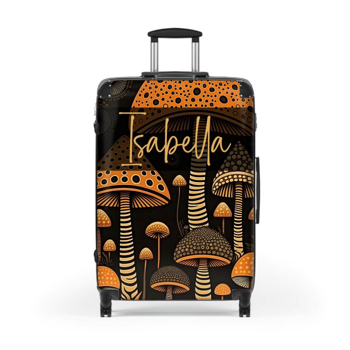 Custom Folk Mushroom suitcase, a durable and stylish travel companion. Crafted with custom names and mushroom designs, it's perfect for enthusiasts on the go.