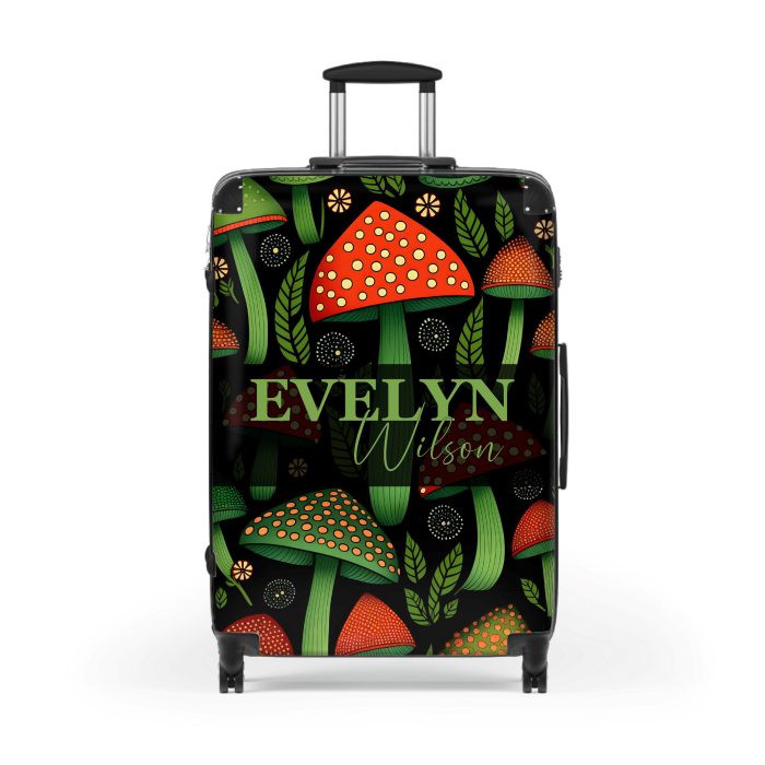 Custom Folk Mushroom suitcase, a durable and stylish travel companion. Crafted with custom names and mushroom designs, it's perfect for enthusiasts on the go.