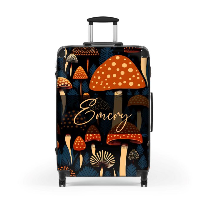 Custom Folk Mushroom suitcase, a durable and stylish travel companion. Crafted with custom names and mushroom designs, it's perfect for enthusiasts on the go.