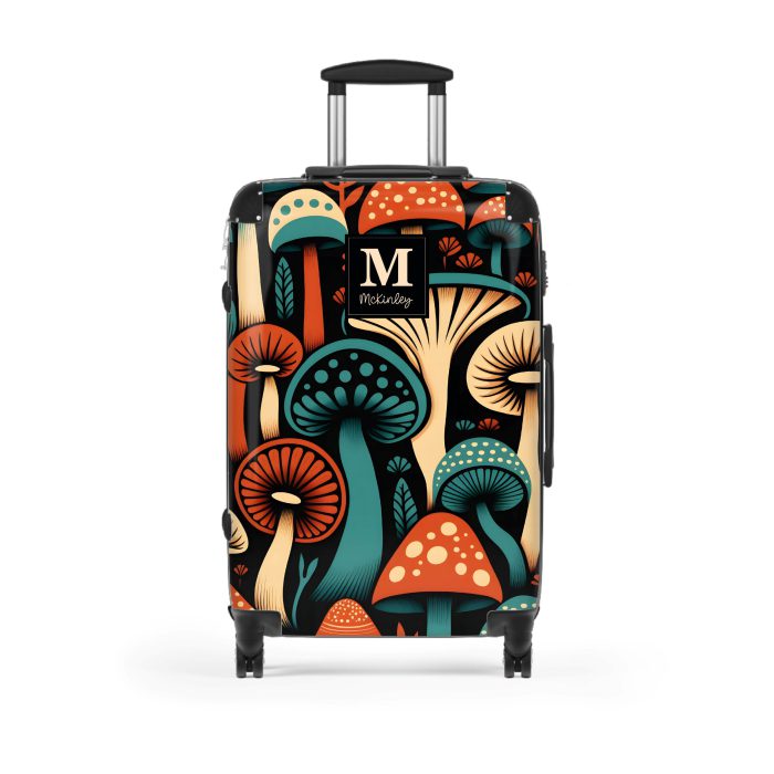 Custom Folk Mushroom suitcase, a durable and stylish travel companion. Crafted with custom names and mushroom designs, it's perfect for enthusiasts on the go.