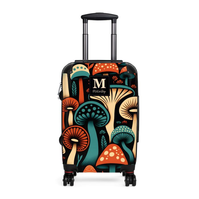 Custom Folk Mushroom suitcase, a durable and stylish travel companion. Crafted with custom names and mushroom designs, it's perfect for enthusiasts on the go.