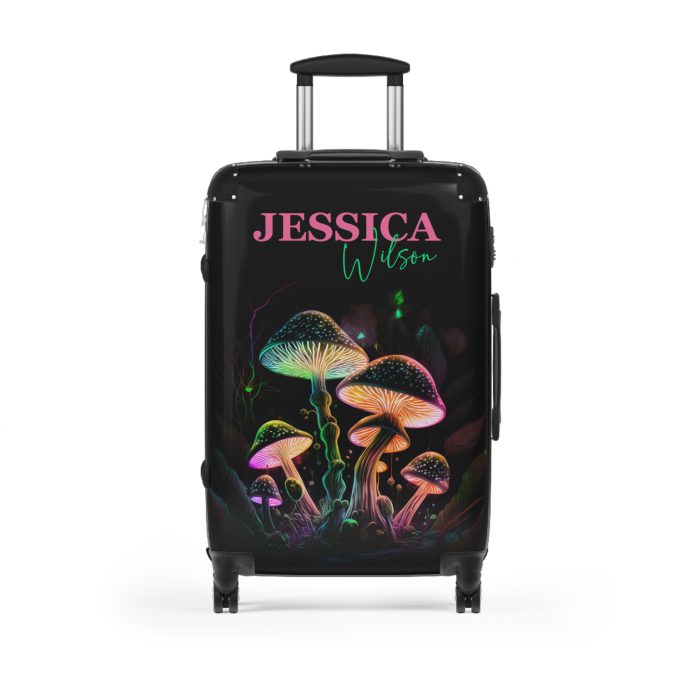 Custom Mushroom Suitcase - A personalized suitcase adorned with a whimsical mushroom-themed design, perfect for travelers who want to add a touch of magic to their luggage.