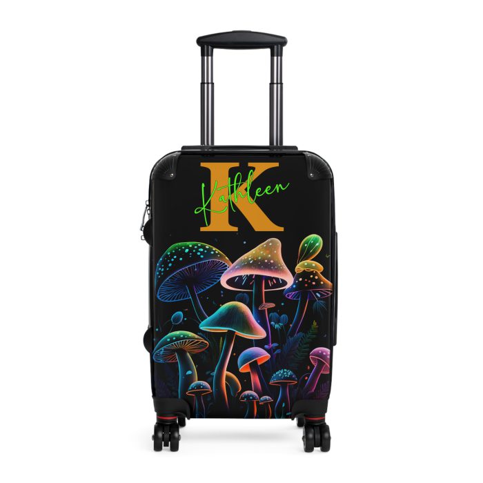 Custom Mushroom Suitcase - A personalized suitcase adorned with a whimsical mushroom-themed design, perfect for travelers who want to add a touch of magic to their luggage.