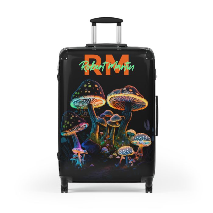 Custom Mushroom Suitcase - A personalized suitcase adorned with a whimsical mushroom-themed design, perfect for travelers who want to add a touch of magic to their luggage.