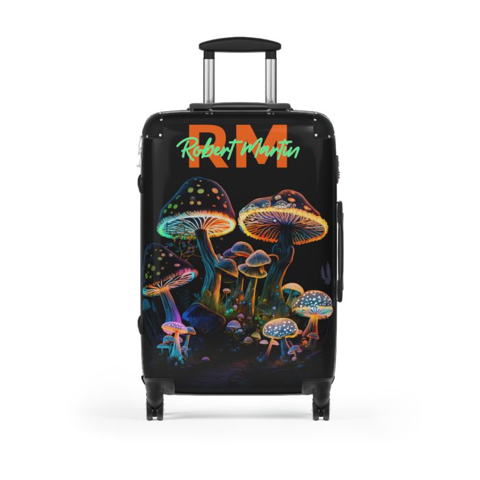 Custom Mushroom Suitcase - A personalized suitcase adorned with a whimsical mushroom-themed design, perfect for travelers who want to add a touch of magic to their luggage.