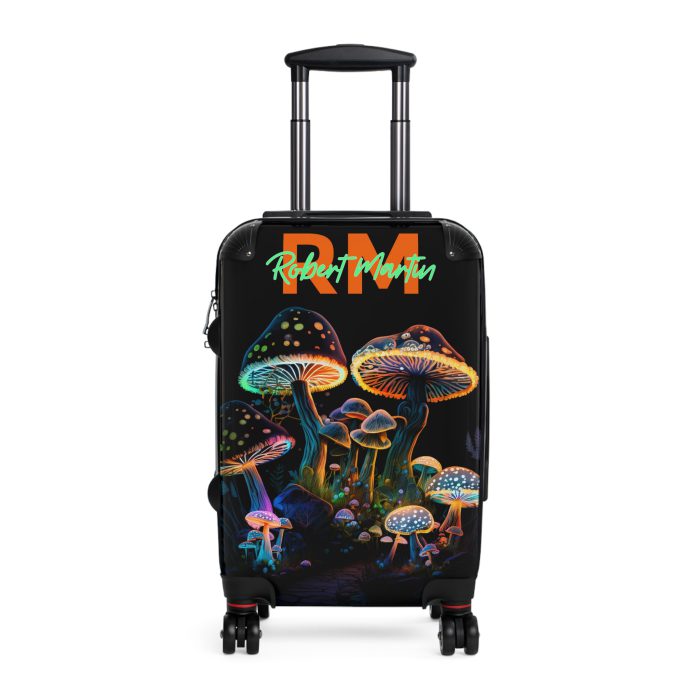 Custom Mushroom Suitcase - A personalized suitcase adorned with a whimsical mushroom-themed design, perfect for travelers who want to add a touch of magic to their luggage.