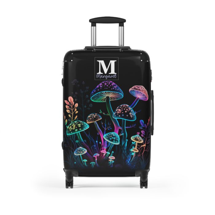 Custom Mushroom Suitcase - A personalized suitcase adorned with a whimsical mushroom-themed design, perfect for travelers who want to add a touch of magic to their luggage.