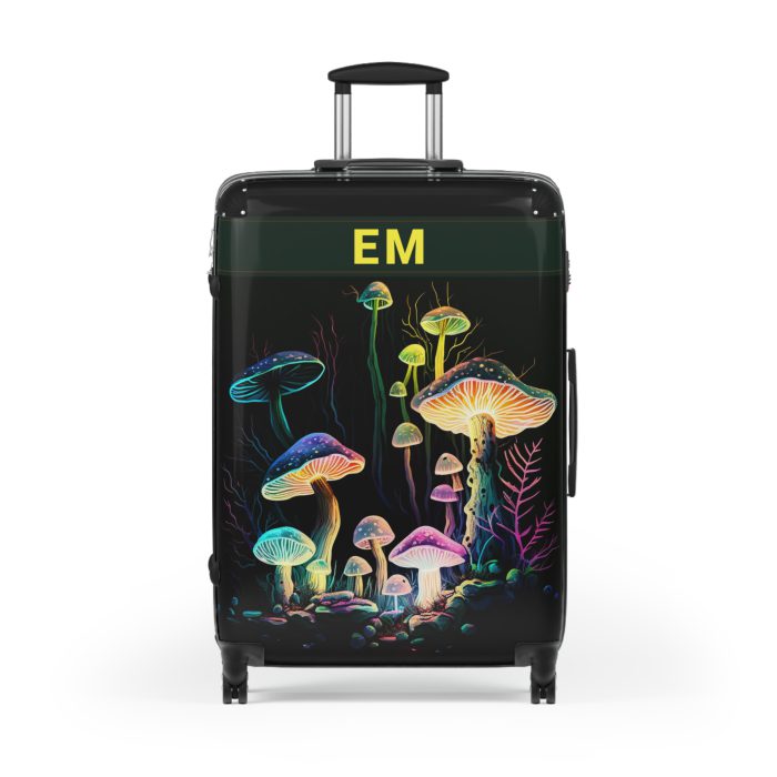 Custom Mushroom Suitcase - A personalized suitcase adorned with a whimsical mushroom-themed design, perfect for travelers who want to add a touch of magic to their luggage.