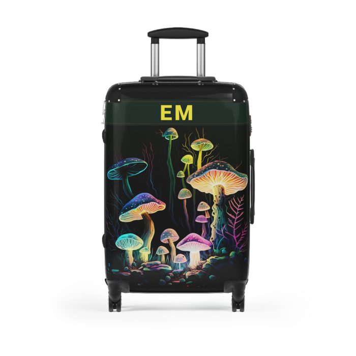 Custom Mushroom Suitcase - A personalized suitcase adorned with a whimsical mushroom-themed design, perfect for travelers who want to add a touch of magic to their luggage.