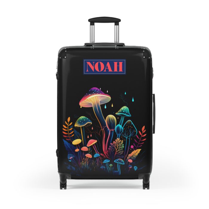 Custom Mushroom Suitcase - A personalized suitcase adorned with a whimsical mushroom-themed design, perfect for travelers who want to add a touch of magic to their luggage.