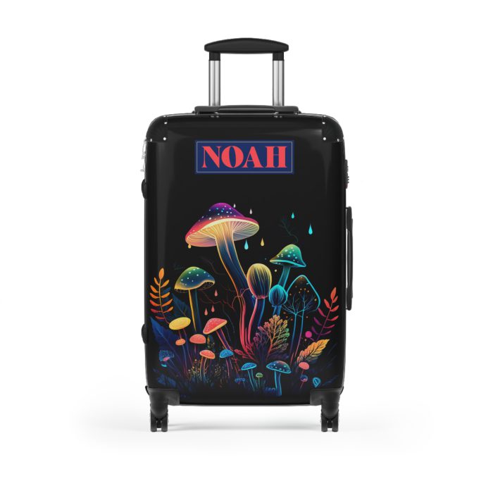 Custom Mushroom Suitcase - A personalized suitcase adorned with a whimsical mushroom-themed design, perfect for travelers who want to add a touch of magic to their luggage.