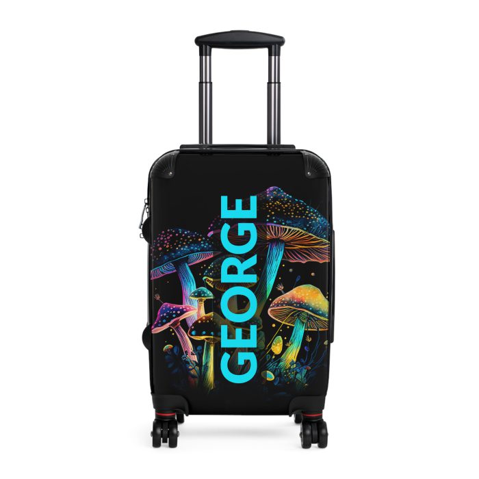 Custom Mushroom Suitcase - A personalized suitcase adorned with a whimsical mushroom-themed design, perfect for travelers who want to add a touch of magic to their luggage.