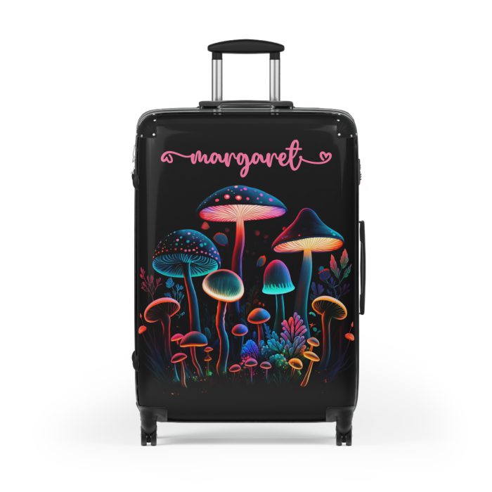 Custom Mushroom Suitcase - A personalized suitcase adorned with a whimsical mushroom-themed design, perfect for travelers who want to add a touch of magic to their luggage.