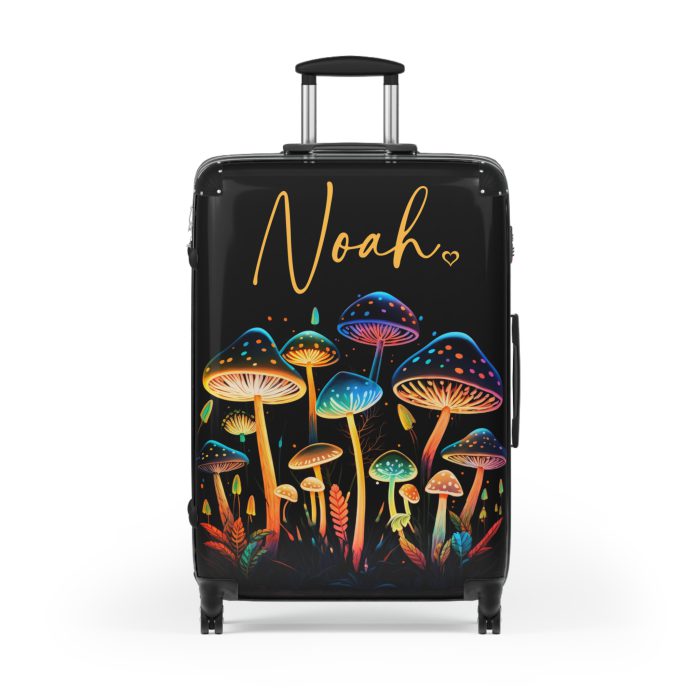 Custom Mushroom Suitcase - A personalized suitcase adorned with a whimsical mushroom-themed design, perfect for travelers who want to add a touch of magic to their luggage.