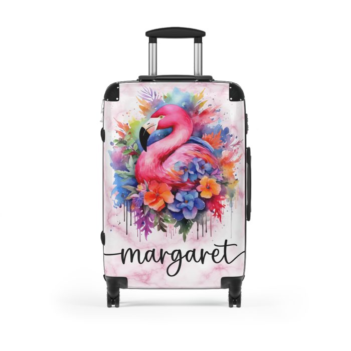 Custom Flamingo Suitcase - A personalized suitcase adorned with a vibrant flamingo-themed design, perfect for travelers who want to bring the tropics with them.