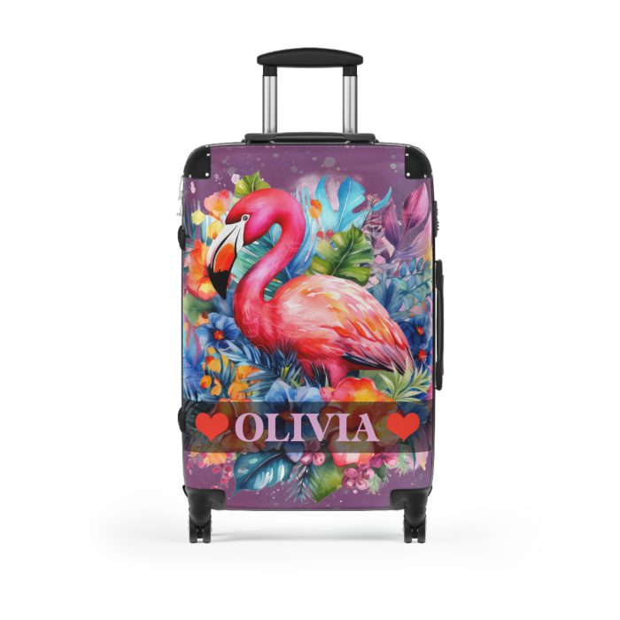 Custom Flamingo Suitcase - A personalized suitcase adorned with a vibrant flamingo-themed design, perfect for travelers who want to bring the tropics with them.
