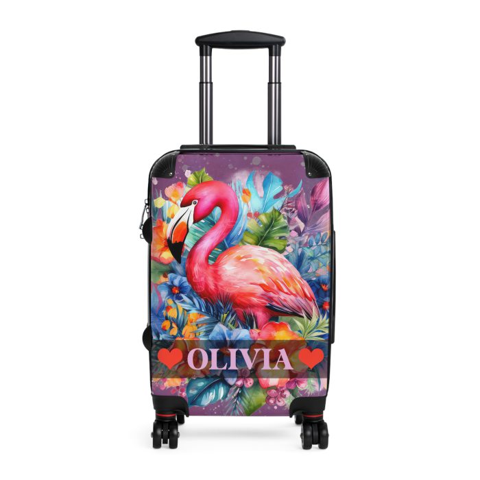 Custom Name Flamingo Suitcase - A personalized suitcase adorned with a vibrant flamingo-themed design, perfect for travelers who want to bring the tropics with them.