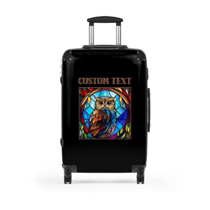 Custom Stained Owl suitcase, a durable and stylish travel companion. Crafted with custom stained glass owl designs, it's perfect for personalized adventures on the go.