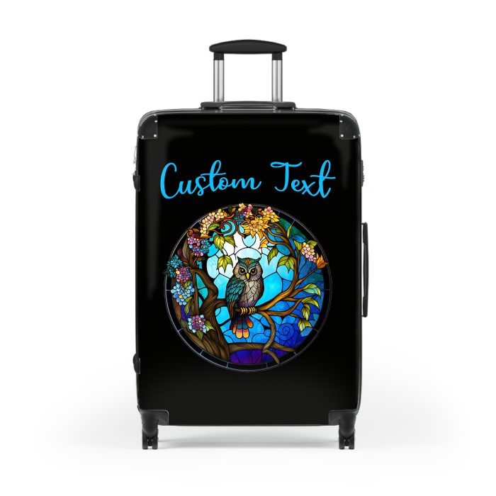 Custom Stained Owl suitcase, a durable and stylish travel companion. Crafted with custom stained glass owl designs, it's perfect for personalized adventures on the go.