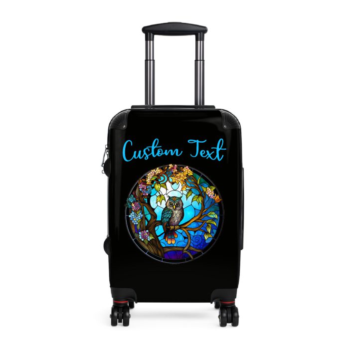 Custom Stained Owl suitcase, a durable and stylish travel companion. Crafted with custom stained glass owl designs, it's perfect for personalized adventures on the go.