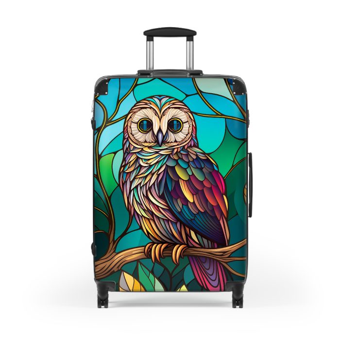 Stained Owl suitcase, a durable and stylish travel companion. Crafted with stained glass owl designs, it's perfect for art enthusiasts on the go.