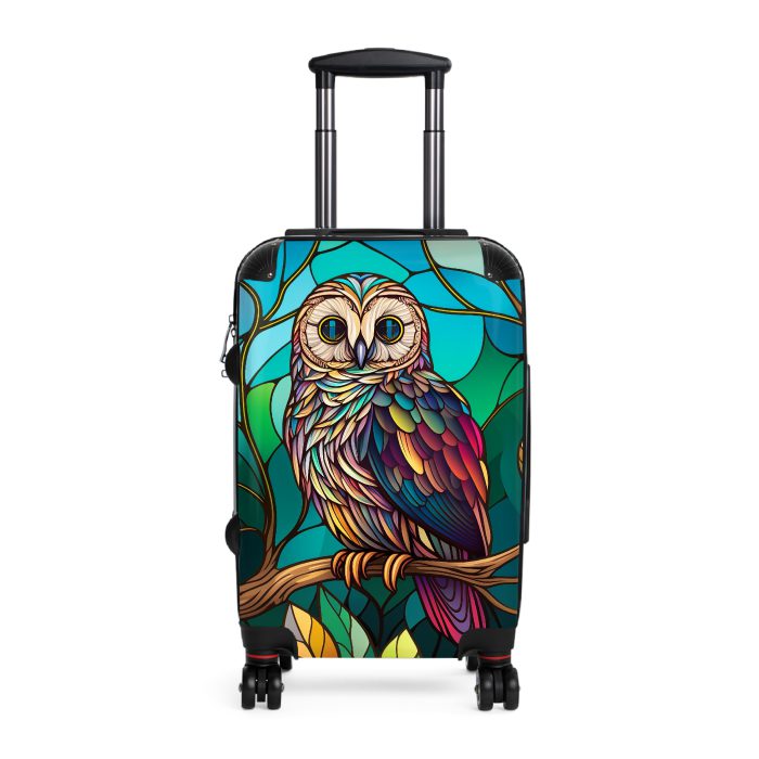 Stained Owl suitcase, a durable and stylish travel companion. Crafted with stained glass owl designs, it's perfect for art enthusiasts on the go.