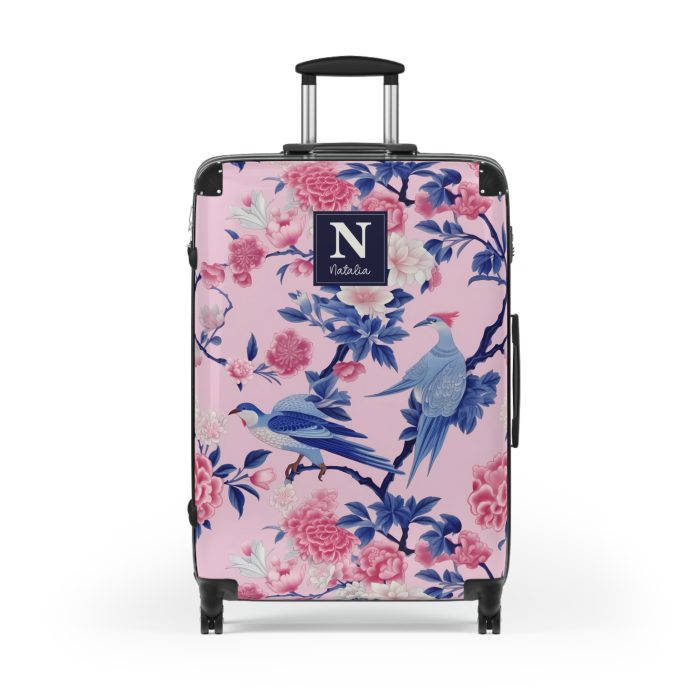 Custom Pink Blue Chinoiserie suitcase, a durable and stylish travel companion. Crafted with customizable Pink Blue Chinoiserie designs, it's perfect for those who crave personalized elegance on their journeys.