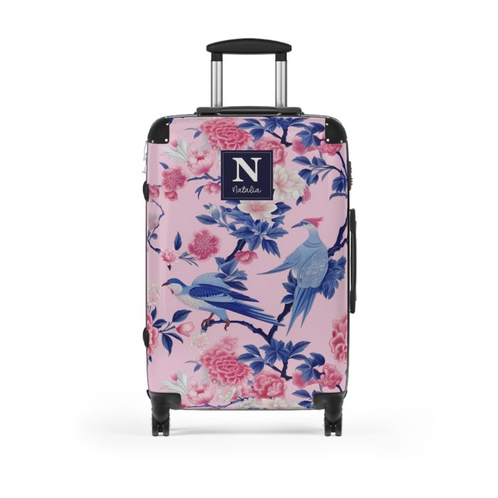 Custom Pink Blue Chinoiserie suitcase, a durable and stylish travel companion. Crafted with customizable Pink Blue Chinoiserie designs, it's perfect for those who crave personalized elegance on their journeys.