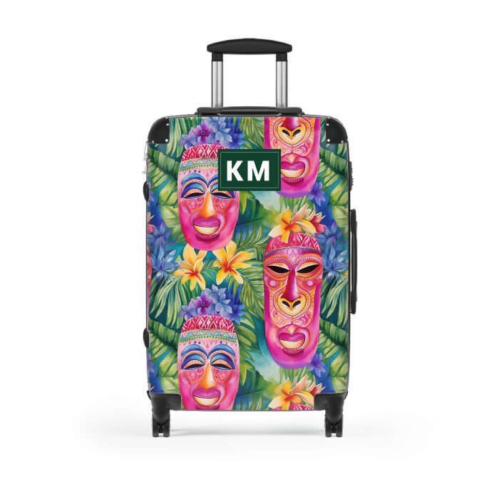 Custom Hawaiian Tiki Luau suitcase, a durable and stylish travel companion. Crafted with custom Hawaiian Tiki Luau designs, it's perfect for those who seek luau joy on their journeys.