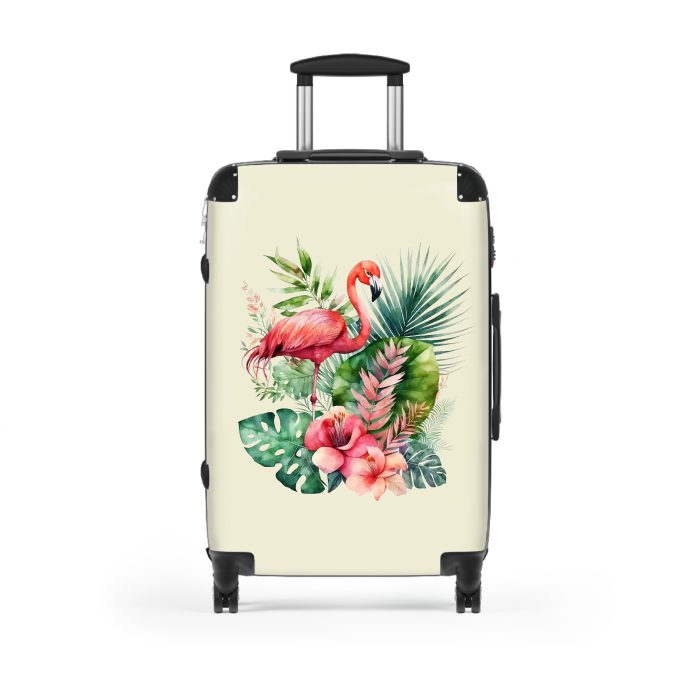 Tropical Floral Flamingo Suitcase, a vibrant and durable travel companion adorned with tropical blooms and playful flamingos. Perfect for the stylish and adventurous traveler.