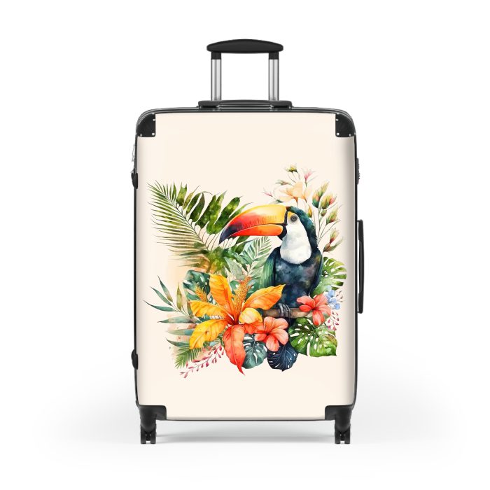 Tropical Floral Toucan Suitcase, a stylish and durable travel companion adorned with vibrant florals and playful toucans. Perfect for the modern traveler seeking a touch of elegance on their journeys.