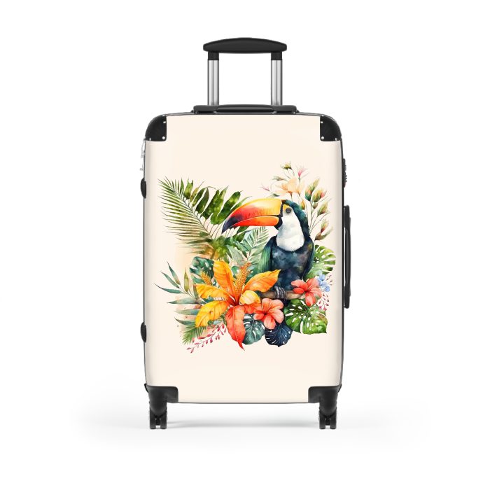 Tropical Floral Toucan Suitcase, a stylish and durable travel companion adorned with vibrant florals and playful toucans. Perfect for the modern traveler seeking a touch of elegance on their journeys.