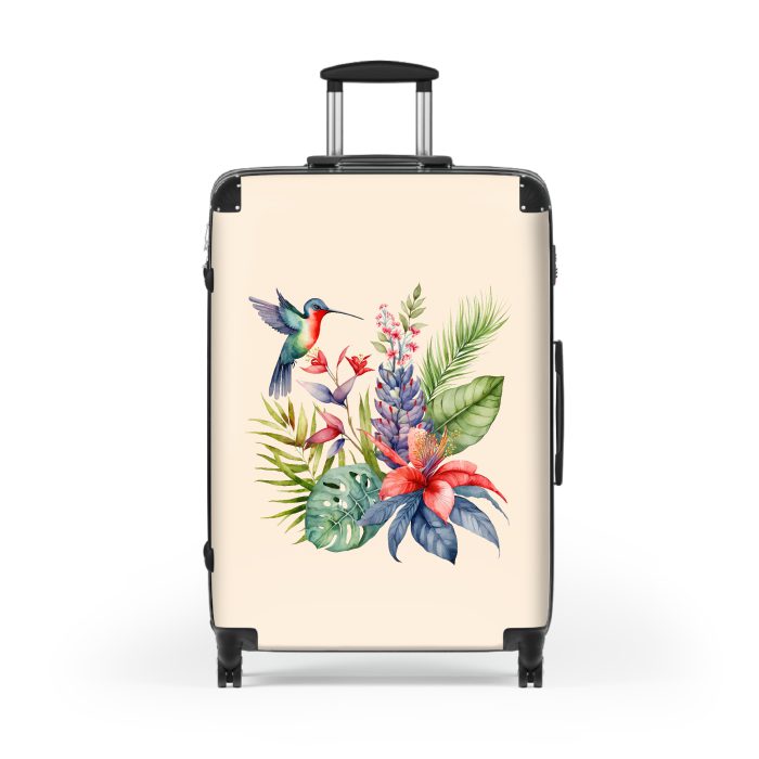 Tropical Floral Hummingbird Suitcase, a captivating and durable travel companion adorned with vibrant florals and delicate hummingbirds. Perfect for the modern traveler seeking a touch of elegance on their journeys.