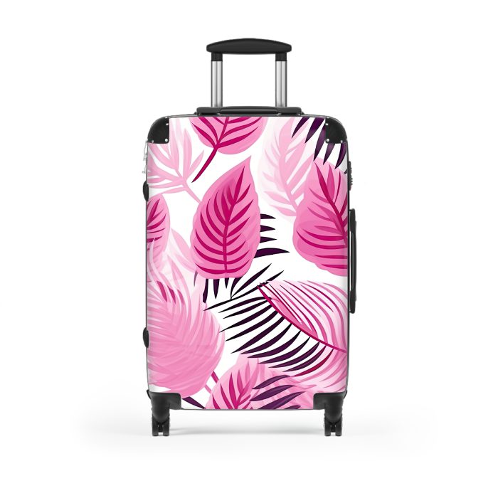 Pink Tropical Leaves Suitcase, a fusion of style and durability for the modern explorer. Adorned with pink tropical foliage, it radiates elegance on every journey.