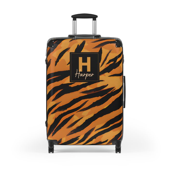 Tiger Print Custom Suitcase - Unleash personalized style with a unique and wild tiger print design for a sophisticated travel experience.