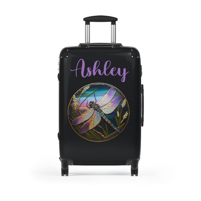 Dragonfly Custom Suitcase - Personalized travel essential adorned with a charming ladybug design for a touch of whimsical elegance.