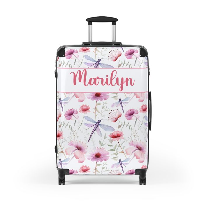 Floral Dragonfly Custom Suitcase - A stunning travel companion adorned with delicate dragonflies and vibrant florals, blending elegance and practicality.